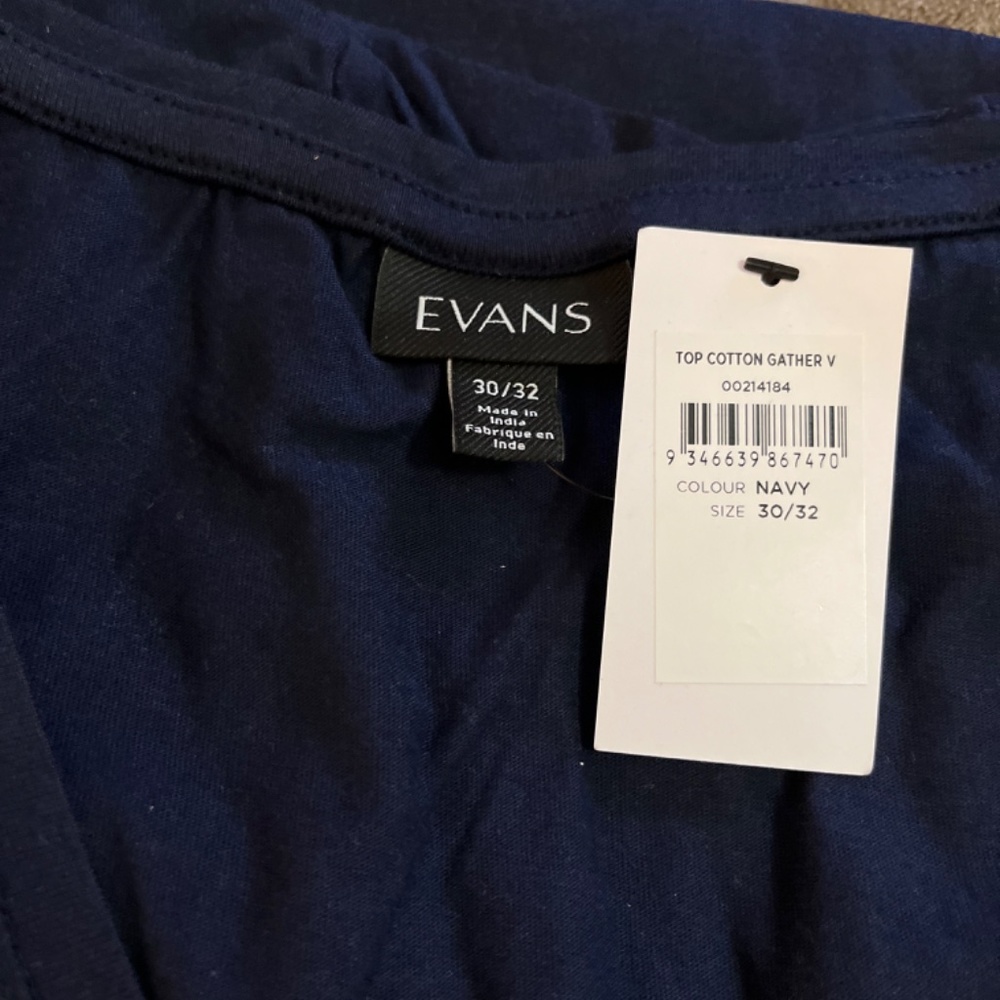Evan's Cotton Gather V-Neck Navy Shirt Size 30/32 - Picture 3 of 4